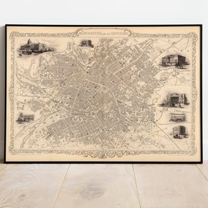 Manchester Map Print | Fine Art Prints| 1851 Manchester Karte Wandkunst| Gerahmte Kunst| Leinwandbild | Poster Kunst| Drucke Wandkunst| Landkarte Wandbilder