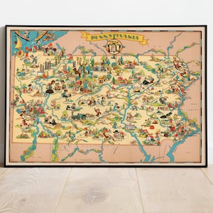 Pennsylvania Karte Druck| Kunstgeschichte| 1935 Pennsylvania Karte Wandkunst| Gerahmte Kunst| Leinwandbild | Poster Kunst| Drucke Wandkunst| Landkarte Wandbilder