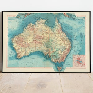 Mapa da Austrália | Decoração de parede de mapa | Arte de parede de mapa vintage | Impressão de pôster | Impressão de parede de mapa | Impressão de arte emoldurada | Mapa de impressão em tela
