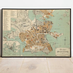 Mapa miasta Helsinki wydruk ścienny | Oprawiona mapa ścienna | Wydruk artystyczny mapy Helsinek z 1900 r. | Wydruk plakatu | Sztuka ścienna na płótnie | Plakat ze sztuką ścienną mapy