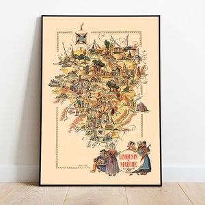Karte von Region Limousin und Marken, Frankreich| Frankreich Wandkunst| Vintage Frankreich Karte Print | Leinwanddruck auf Keilrahmen| Home Wanddeko Poster