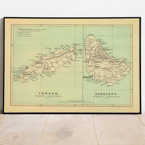 Póster del mapa de las islas de Tobago y Barbados 1853/ Impresión de arte mural del mapa de Barbados/ Póster del mapa de la pared de Tobago/ Impresión de lienzo/ Mapa desplegable