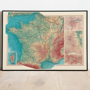 Mapa geográfico de Francia/ Decoración de la pared del mapa/ Arte de la pared del mapa vintage / Impresión de carteles / Impresión de la pared del mapa / Impresión de arte enmarcado / Mapa de impresión de lienzo