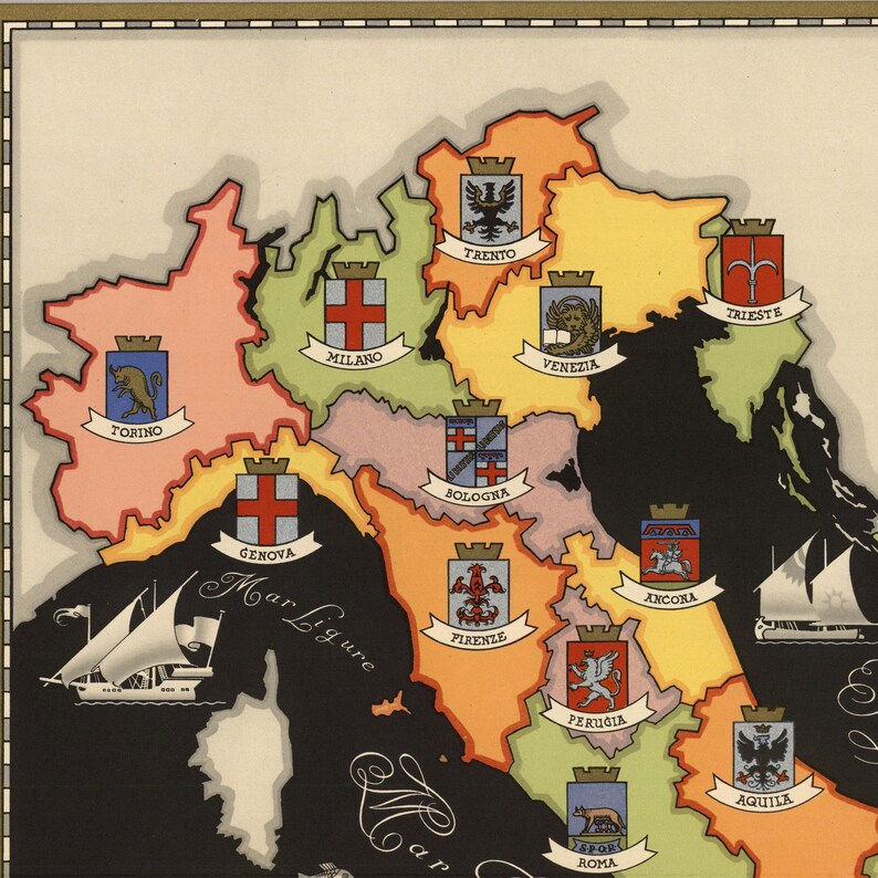Decorative Map of Regions of Italy Canvas Art Print Italy Etsy