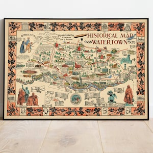 Watertown Map Wall Print | Gerahmte Karte Wanddeko | 1630-1930 Watertown Karte Kunstdruck | Posterdruck | Kunstdruck auf Leinwand | Karte Wandkunst Poster