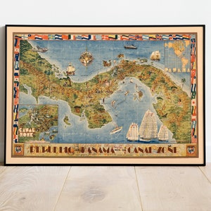 Mapa pictórico de la República de Panamá y Zona del Canal/ Impresión de arte de pared de mapa antiguo/ Cartel de pared de mapa vintage/ Impresión de cartel del Canal de Panamá