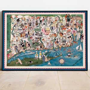 illustrierte Landkarte von Rhode Island und Rhode Island| Leinwandbild | Wandbild| Alte Karte Poster | Rhode Island Wandkunst| Konvolut Wandkunst