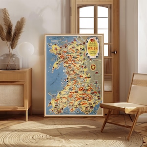 Bildliche Karte von Wales Cymru am Byth gerahmtes Poster Druck Wand Kunst Leinwand Kunstdruck Wanddekor