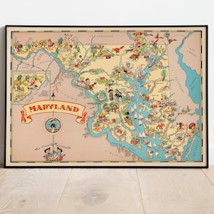 Maryland Karte Druck| Kunstgeschichte| 1935 Maryland Karte Wandkunst| Gerahmte Wandkunst| Leinwandbild | Poster Kunst| Drucke Wandkunst| Landkarte Wandbilder