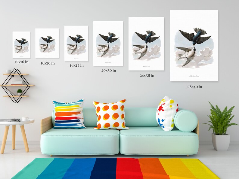 May include: A series of framed art prints featuring a vintage illustration of two swallows in flight. The prints are displayed in various sizes, ranging from 12x16 inches to 28x40 inches, showcasing the artwork's detail and composition. The artwork is on a white background.