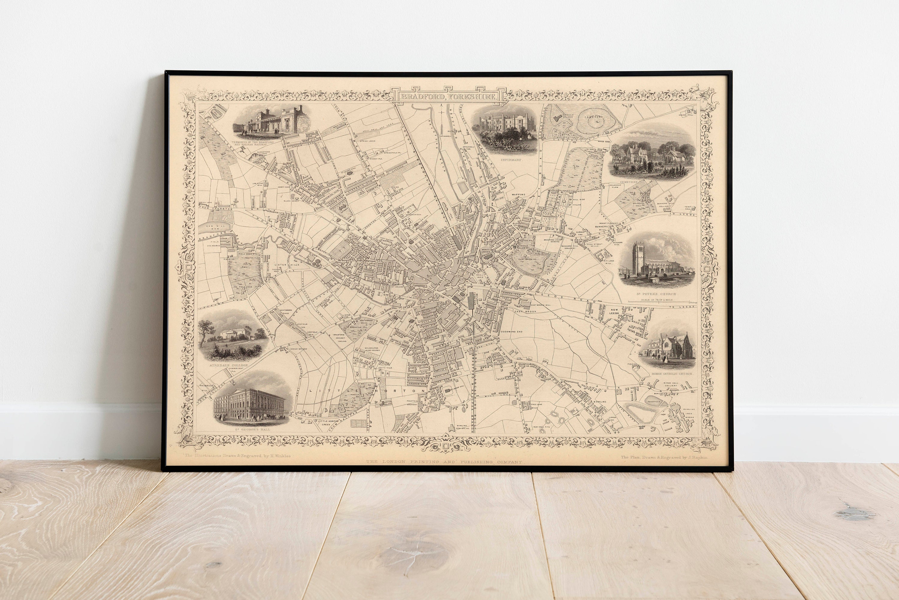Bradford kaart afdrukken| Fine Art-afdrukken| 1851 Bradford kaart kunst aan de muur| Ingelijste kunst| Canvaskunst| Posterkunst| Print kunst aan de muur| Stadskaart Muur Prints