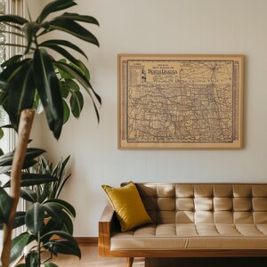 Mappa delle strade del Dakota del Nord, 1926, stampa incorniciata, stampa artistica su tela, decorazione da parete