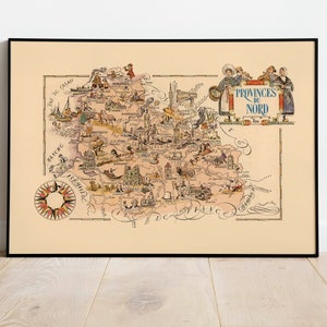 Mapa del Departamento de Provincias del Norte, Francia/ Arte de la pared de Francia/ Impresión de mapas de Francia vintage / Impresión de lienzo estirado / Póster de decoración de la pared del hogar