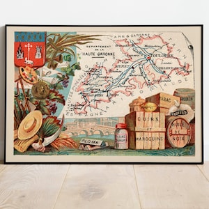 Mapa del Departamento de Alto Garona, Francia/ Toulouse Wall Art/ Vintage France Map Print/ Impresión de lienzo estirado/ Póster de decoración de la pared del hogar