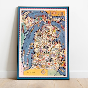 Vintage Karte Druck von Bundesstaat Michigan | Poster Kunst| Auf Leinwand gewickelt Wandkunst | Wandkunst Schlafzimmer| Wandbild aus Chicago