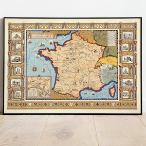 Frankreich Karte Wandbild | 1929 Frankreich Karte| Posterdruck | Kunstdruck auf Leinwand | Alte Karte Wand Kunst Poster | Gerahmte Landkarte als Wanddeko