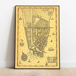 Bebilderte Karte von New Amsterdam| New York Wandkunst| Manhattan Wandbild | Leinwandbild | Poster Vintage| Alte Karte Print
