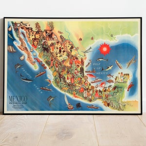 Póster de pared de mapa pictórico de México/póster de pared de mapa antiguo de México/arte de pared de lienzo de mapa de México/arte de póster Vintage/mapa desplegable