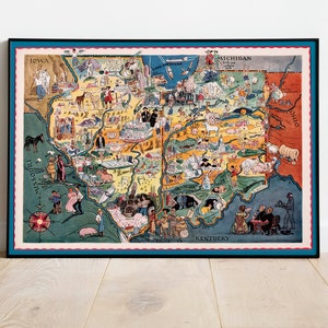 Carte illustrée de l'Illinois et de l'Indiana| Art mural en toile| Impression murale| Ancienne affiche de carte| Art mural de l’Illinois| art mural indiana
