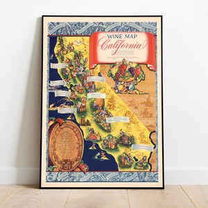 Wijnkaart van Californië| Wijn poster print kunst aan de muur| Californië wijnen Canvas Wall Decor| Keuken muur kunst wijn print