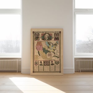 Carte ornementale des États-Unis et du Mexique| Carte de l'Amérique des années 1800 | Impression d'art mural| Art sur toile| Ancienne carte des États-Unis| Ancienne carte du Mexique| Décoration d'intérieur