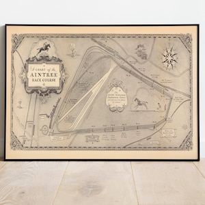 Grafische kaart van de Aintree-renbaan 1930| Oude kaart wanddecoratie| Vintage kaart kunst aan de muur| Posterafdruk| Ingelijste kunstafdruk| Canvas print kaart