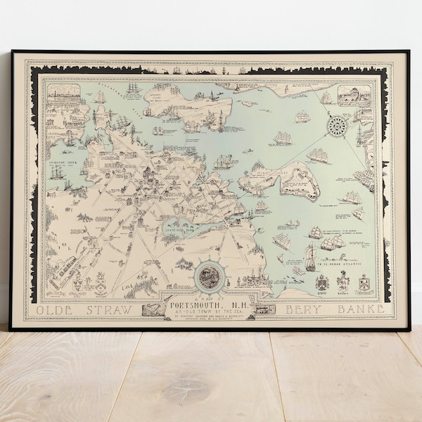 Pictorial Map of Portsmouth 1930| New Hampshire| Framed Poster Print| Old Maps Wall Art| Art Canvas for Wall Decor| Pull Down Map