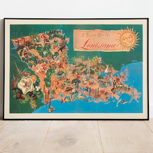 Touristische Karte von Louisiana 1930| Alte Karte Louisiana Wandbild | Louisiana Karte Wand Kunst Leinwand| Louisiana Vintage Karte Poster