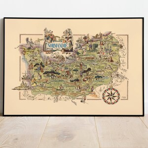 Impresión de mapa de Normandía vintage/ Impresión de arte de pared de Normandía/ Mapa desplegable/ Lienzo de Normandía/ Impresión de pared de Normandía/ Cartel de mapa antiguo