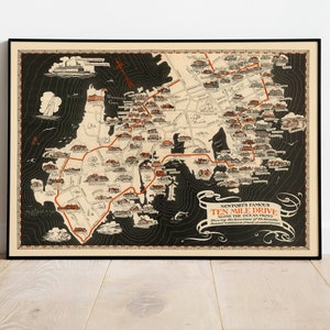 Impresión de mapa famosa de Ten Mile Drive de Newport/ Ocean Drive/ Mapa vintage de Newport Rhode Island/ Impresión de pared de mapa antiguo/ Arte de pared de lienzo de Newport