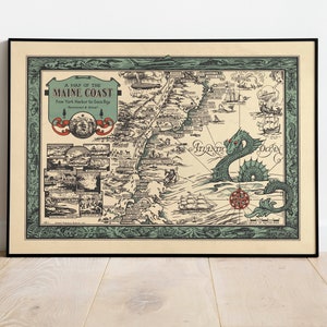 Maine Küste Karte Wand Print | 1929 Golf von Maine Karte | Posterdruck | Kunstdruck auf Leinwand | Alte Karte Wand Kunst Poster | Gerahmte Landkarte als Wanddeko