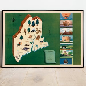 Mappa storica del Maine/1938 Mappa del Maine Stampa murale/Arte murale su tela/Poster vintage/Stampa artistica incorniciata/Stampa poster