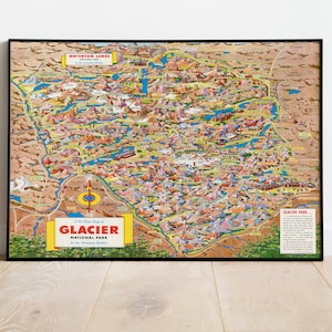 Gletscher-Nationalpark Karte Print| Kunstgeschichte| Montana Karte Wandkunst| Gerahmte Kunst| Leinwandbild | Poster Kunst| Drucke Wandkunst| Landkarte Wandbilder