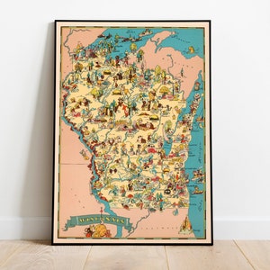 Impresión de mapas de Wisconsin/ Impresiones de bellas artes/ 1935 Wisconsin Mapa Arte de la pared / Arte de la pared enmarcado / Arte del lienzo / Arte del cartel / Impresiones de arte de la pared / Impresiones de la pared del mapa