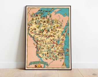 Wisconsin Map Print| Fine Art Prints| 1935 Wisconsin Map Wall Art| Framed Wall Art| Canvas Art| Poster Art| Prints Wall Art| Map Wall Prints