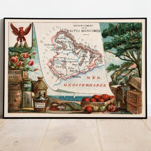 Mapa del Departamento de Alpes Marítimos, Francia/ Bonito arte mural/ Impresión de mapa vintage de Francia/ Impresión de lienzo estirado/ Póster de decoración de la pared del hogar