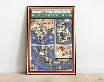 World Famous Tea Producer Countries Map Print| World Tea Map Poster| Kitchen Wall Art Print| Tea Wall Art Canvas| Tea Lover Gifts