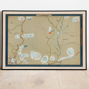 May include: A vintage map of Iceland with a blue border and a title that reads "Jökulsárgljúfur". The map shows the location of various glaciers and the Jökulsárgljúfur canyon.