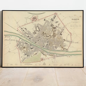 Florenz Stadtplan Wandbild | Gerahmte Karte Wanddeko | 1835 Florenz Karte Kunstdruck | Posterdruck | Leinwandbild Wandkunst| Karte Wandkunst Poster