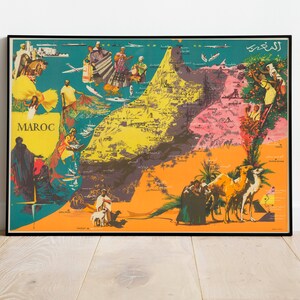 Mappa pittorica colorata del Marocco/Stampa artistica da parete vecchia mappa/Stampa artistica incorniciata/Tela da parete mappa vintage/Stampa da parete/Stampa poster