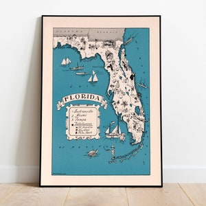 Kaart van de staat Florida| Decoratieve muurkunst| Afdrukken op canvas| Thuismuurprint| Vintage kaart afdrukken| Posterkunst