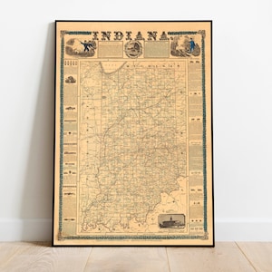 Indiana Karte Wandbild | 1853 Indiana Karte | Posterdruck | Kunstdruck auf Leinwand | Alte Karte Wand Kunst Poster | Gerahmte Landkarte als Wanddeko