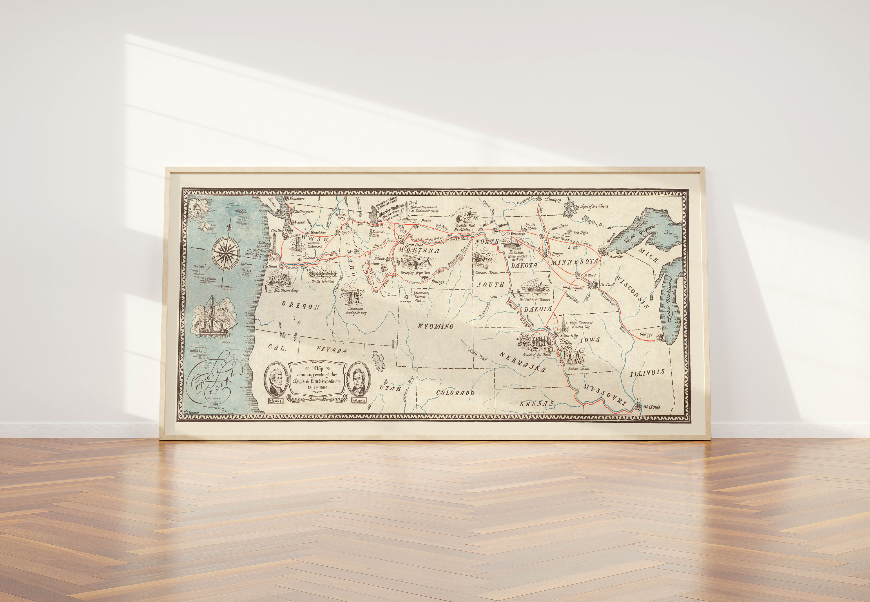 額装品/Lewis and Clark/ラッセル/アート/ポスター/インテリア Lewis & Clark Expedition Map Print: Vintage Panoramic Wall Art