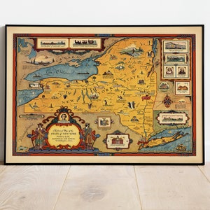 Historische Karte des Bundesstaates New York| New York Wandkunst| New York Karte Poster | Gerahmte Wandkunst| Poster Vintage| Gallery Wrap Leinwand