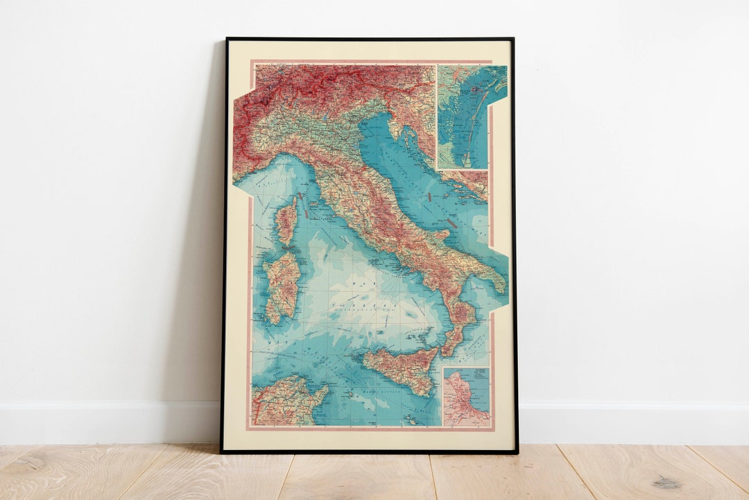 Geographical Map of Italy Map Wall Decor Vintage Map Wall Art Poster Print Map Wall Print Framed