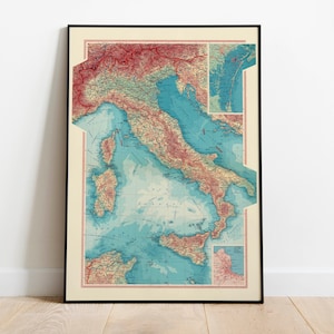 Carte géographique de l'Italie| Décor mural de carte| art mural de carte vintage| Impression d’affiche| Impression murale de carte| Impression d’art encadrée| Tableau sur toile Carte