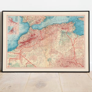 Mappa del Marocco, Algeria e Tunisia/ Decorazione da parete mappa/ Arte da parete mappa vintage/ Stampa poster/ Stampa da parete mappa/ Stampa artistica incorniciata/ Mappa stampa su tela