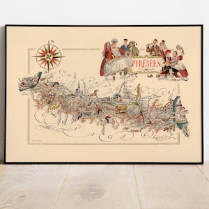 Mapa decorativo de Pirineos, Francia/ Arte de mapa vintage / Arte de pared de lienzo / Póster vintage / Póster de decoración de pared / Impresión de pared de mapa antiguo