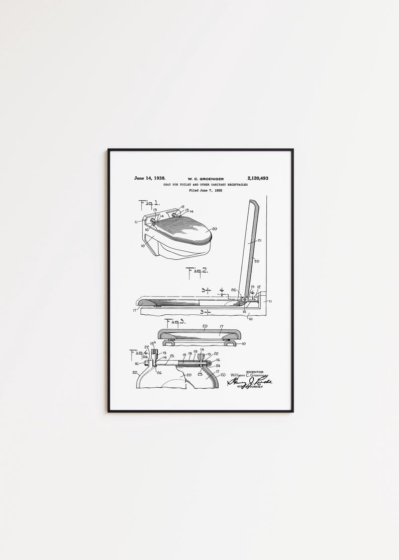 May include: Black framed patent print of a toilet seat design, dated June 14, 1938. The print includes detailed diagrams and technical drawings of the seat and its components, with the inventor's signature.