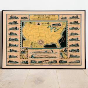 Lokomotive Karte der USA 1935| Geschenk für Eisenbahnfan| Vintage Karte Print Wandkunst| Leinwanddruck Wanddeko | Pull Down Map